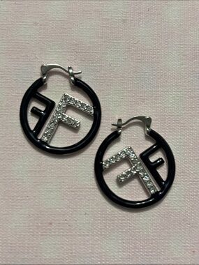 Fendi Diamond -Accented Black Hoop Logo Earrings